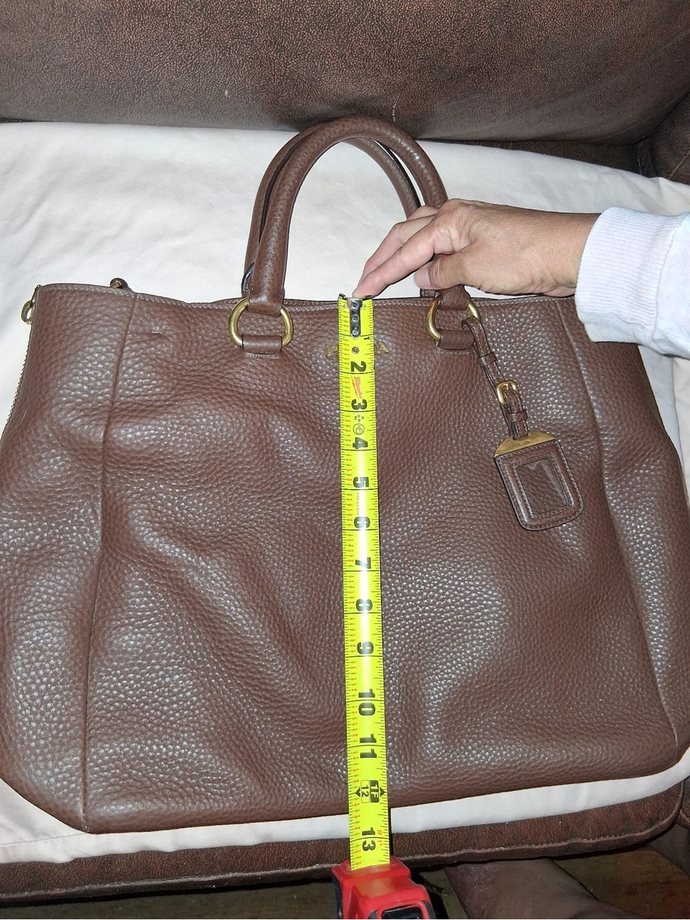 Prada Brown Pebbled Leather Top-Handle Crossbody Bag with Gold Hardware - Picture 12 of 16